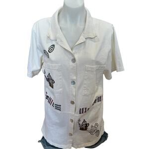 White Coffee Button Up Shirt Top SMALL Lagenlook Cotton Artsy Whimsical Oversize